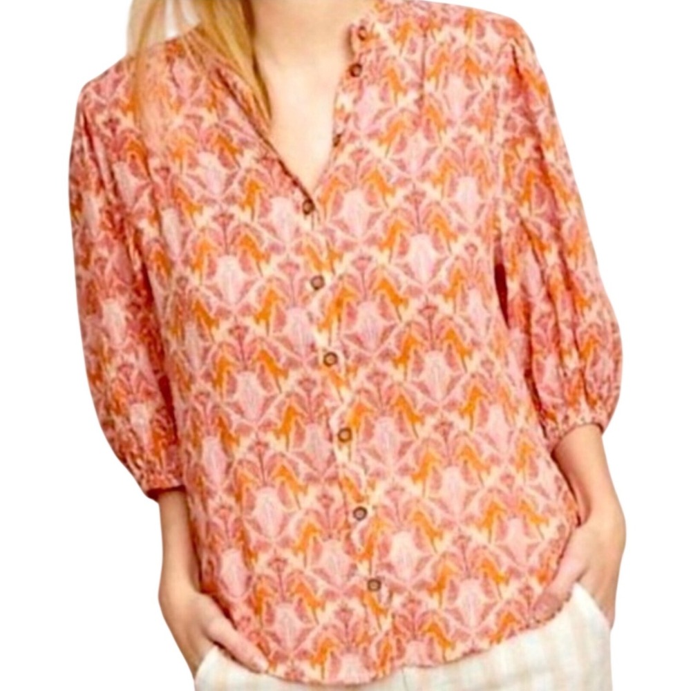 Maeve Anthropologie Kalapana Tiger Blouse Top Puff Sleeve Button Front Size 2